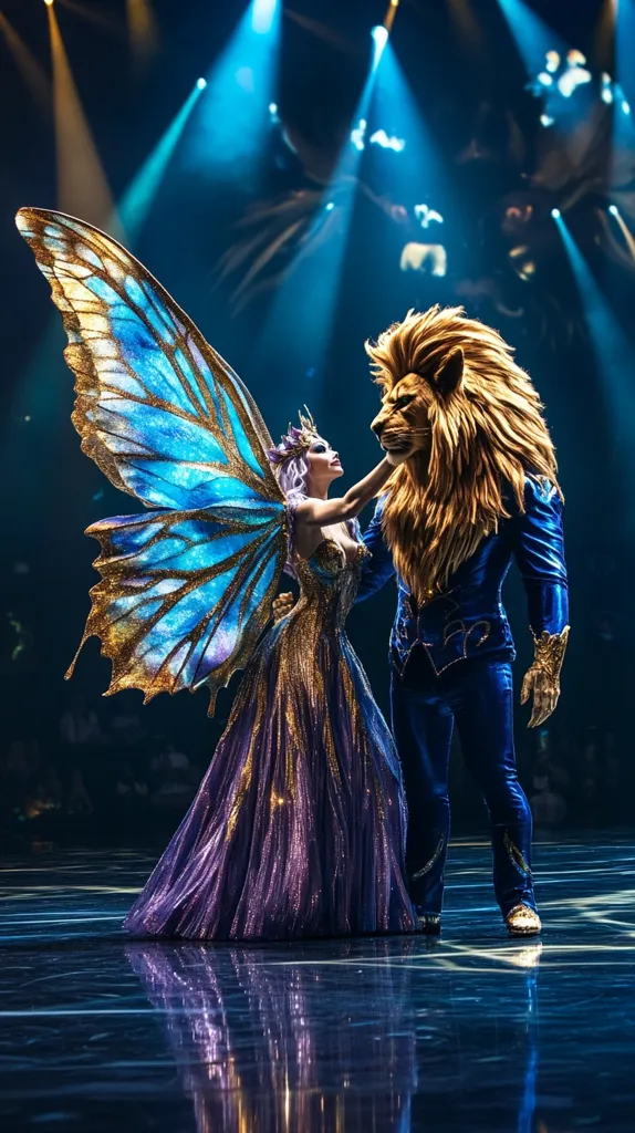 A captivating stage performance features a woman in a shimmering purple gown with large, iridescent blue butterfly wings, embracing a costumed lion. The lion, realistically rendered, wears a royal blue suit.  They stand on a glossy, dark stage under dramatic blue spotlights, creating a magical, ethereal atmosphere.  The image evokes a sense of fantasy and wonder.