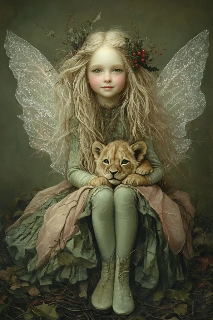 A young fairy, with long blonde hair adorned with holly berries, sits amidst autumn leaves.  She wears a delicate, sage-green dress and light-green boots.  Large, translucent wings sprout from her back.  The fairy gently cradles a small lion cub in her lap, their connection palpable. The overall tone is ethereal and mystical, suggestive of a fairytale setting. The painting’s muted greens and browns enhance the enchanting atmosphere.