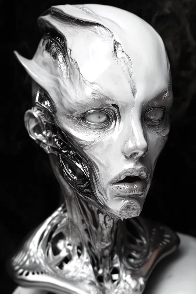 A striking monochrome bust depicts an otherworldly creature, seemingly sculpted from polished metal.  Its head is elongated, with a smooth, pale surface broken by cracks and crevices that reveal a darker, metallic underlayer.  The eyes are large and vacant, adding to the unsettling yet captivating effect. The creature's neck and shoulders are intricately detailed, suggesting a biomechanical or alien anatomy, creating a surreal and captivating piece of art.