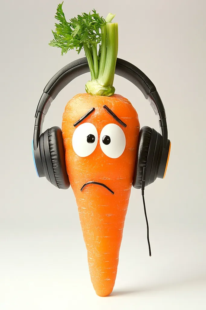 Here's a description of the image:

A whole carrot, with its green leafy top, wears oversized black headphones.  A sad face has been drawn onto the carrot's surface, featuring large, expressive eyes and a downturned mouth. The carrot stands upright against a plain white background, appearing somewhat forlorn as it listens to something through its headphones. The overall image is whimsical and humorous.