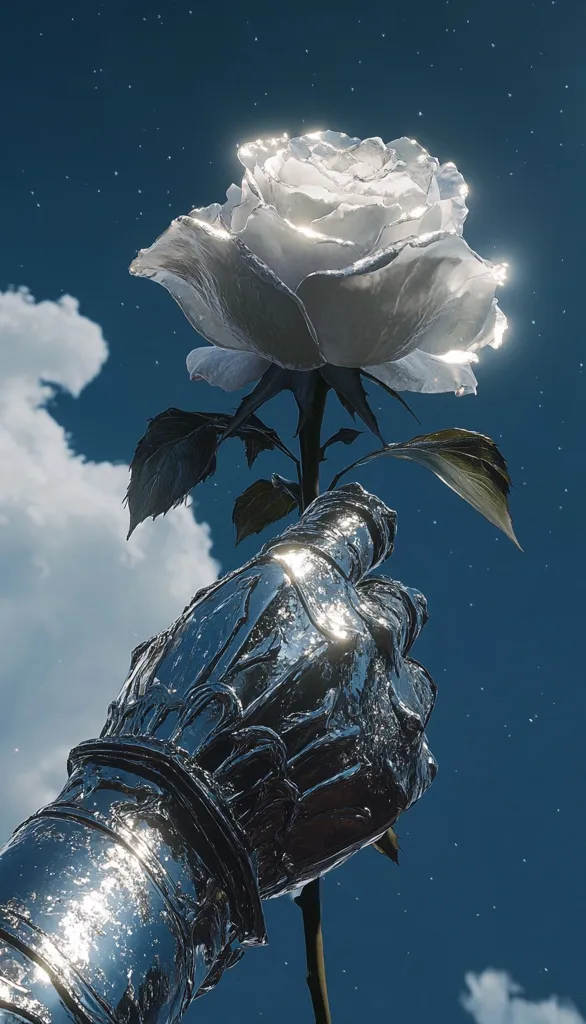 A digitally created image shows a chrome-like robotic hand gently holding a luminous white rose against a backdrop of a clear blue sky dotted with stars and fluffy white clouds. The rose, seemingly made of glass or polished metal, reflects light intensely, creating a surreal and ethereal effect.  The contrast between the organic beauty of the flower and the metallic, artificial hand evokes a sense of juxtaposition and wonder.  The overall aesthetic is sleek, modern, and slightly melancholic.