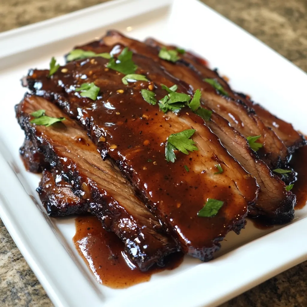 Here's a description of the image:

A close-up shot showcases several slices of glistening, dark-brown meat, likely brisket, arranged on a pristine white rectangular plate.  The meat is generously coated in a rich, dark brown sauce, speckled with what seems to be pepper. Fresh parsley sprigs are scattered artfully across the top. The meat shows a slight char, indicating it may have been grilled or smoked. The overall presentation is appetizing and suggests a savory, possibly barbecue-style dish.  The plate rests on a mottled brown countertop.
