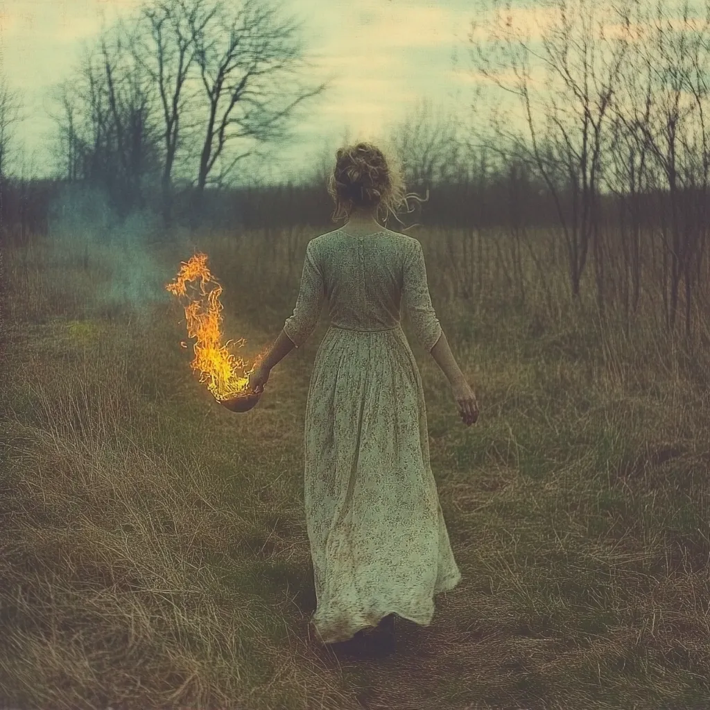 A woman in a long, flowing, light-colored dress walks away from the camera down a path through tall, dry grass.  She carries a bowl containing a small, fiery blaze in her hand, its flames casting a warm glow against the muted autumnal landscape.  The scene is evocative and mysterious, suggesting a journey or a ritualistic act.  Bare, leafless trees form a backdrop against a dusky sky.  The overall mood is somber yet strangely beautiful.