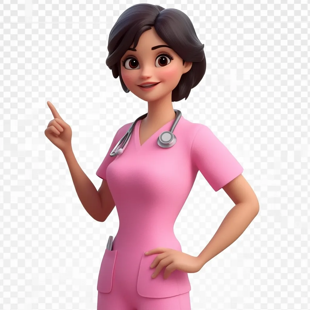 Here's a description of the image:

The image shows a 3D-rendered cartoon female doctor.  She has short brown hair, large expressive brown eyes, and is smiling. She's wearing a light pink medical scrub suit with a stethoscope around her neck. One hand rests on her hip, while the other is pointed upward, suggesting she's making a point or drawing attention to something off-screen. Her style is friendly and approachable. The background is a transparent checkerboard pattern commonly used for digital image assets.