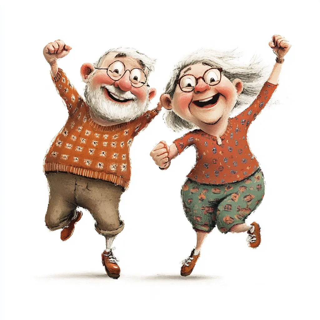 A whimsical illustration depicts a joyful elderly couple mid-leap, their arms raised in jubilant celebration.  The man, wearing an orange patterned sweater and beige pants, and the woman, in a similar orange top and patterned green bottoms, exude happiness. Their glasses and expressive faces add to their charming, cartoonish appearance. The style is painterly, with visible brushstrokes contributing to a lighthearted and endearing mood.