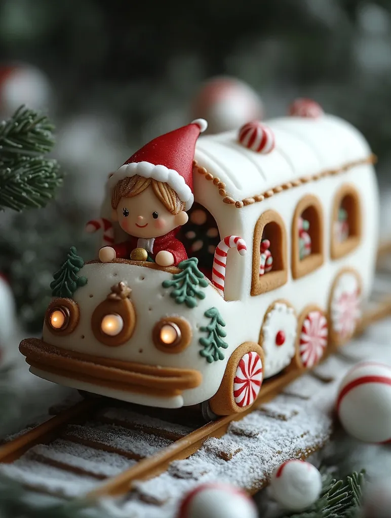 Here's a description of the image:

A charming miniature gingerbread train, meticulously crafted, serves as the focal point.  A tiny elf, wearing a Santa hat, sits at the helm. The train car is adorned with candy canes, miniature Christmas trees, and icing details. It’s running on a snowy, gingerbread-looking track.  The scene is softly lit, emphasizing the intricate details and festive atmosphere.  Scattered candy balls complete the idyllic Christmas setting. The overall impression is one of whimsical holiday charm and delicate artistry.