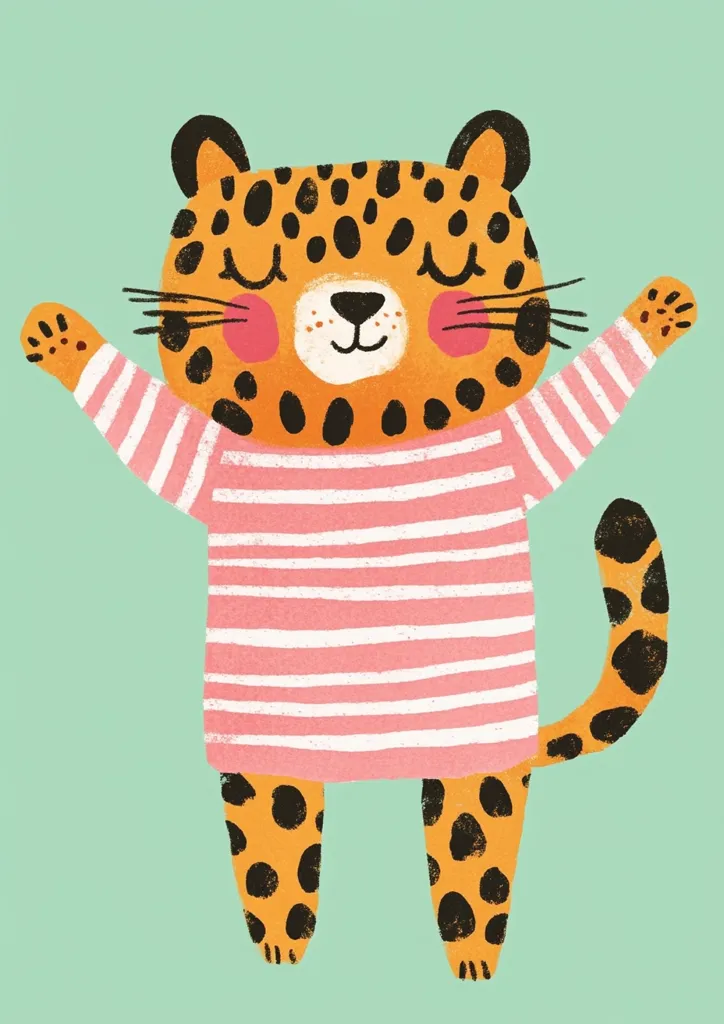 Here's a description of the image:

The illustration depicts a stylized leopard wearing a pink and white horizontally striped sweater.  The leopard is cheerfully depicted with its arms outstretched in a welcoming gesture. Its face is friendly, with closed eyes and rosy cheeks. The leopard's spots are rendered in a textured, painterly style, contrasting with the smoother appearance of the sweater. The background is a solid, pastel mint green. The overall style is whimsical and childlike, suitable for children's books or apparel.