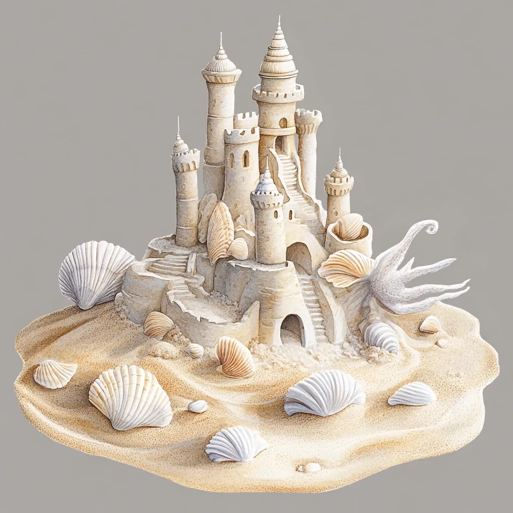 Here's a description of the image:

The illustration depicts a meticulously crafted sandcastle, intricately detailed with towers, stairways, and crenellations.  It sits on a bed of sand, adorned with numerous seashells of varying sizes and shapes.  A stylized, sculpted seashell creature seems to emerge from the sand near the castle's base. The overall color palette is warm beige and off-white, creating a serene and whimsical beach scene. The style suggests a delicate watercolor or gouache painting. The background is a muted gray, emphasizing the sandcastle as the focal point.