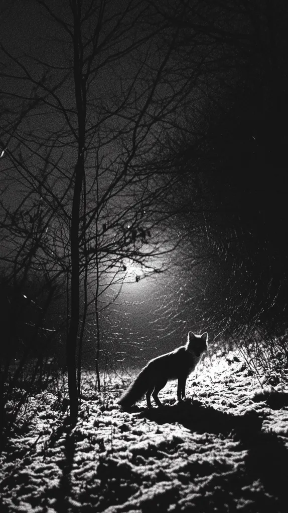 Here's a description of the image:

The black and white photograph captures a solitary fox silhouetted against a softly illuminated snowy landscape at night.  Bare, spindly trees frame the scene, their branches reaching towards a faintly visible light source in the distance.  The fox stands alert, its form sharply defined against the lighter snow, creating a stark contrast. The overall mood is one of serene isolation and nocturnal mystery, emphasized by the grainy texture of the image.  A web-like pattern of possibly frost or ice crystals overlays the background.