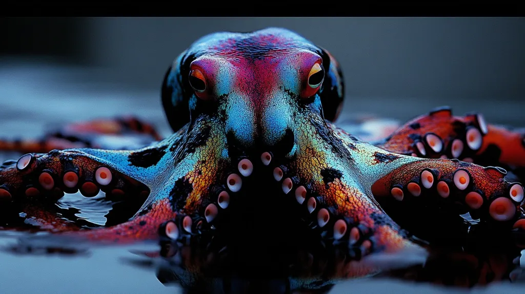 A vibrant octopus, predominantly blue and red with hints of orange and black, is the focal point of the image. Its skin displays a captivating iridescence. The octopus's large, expressive eyes are prominent, and its numerous arms, adorned with distinctive suckers, extend outward. The creature appears to be partially submerged in dark water, creating a reflective surface below. The overall impression is one of striking beauty and captivating detail.