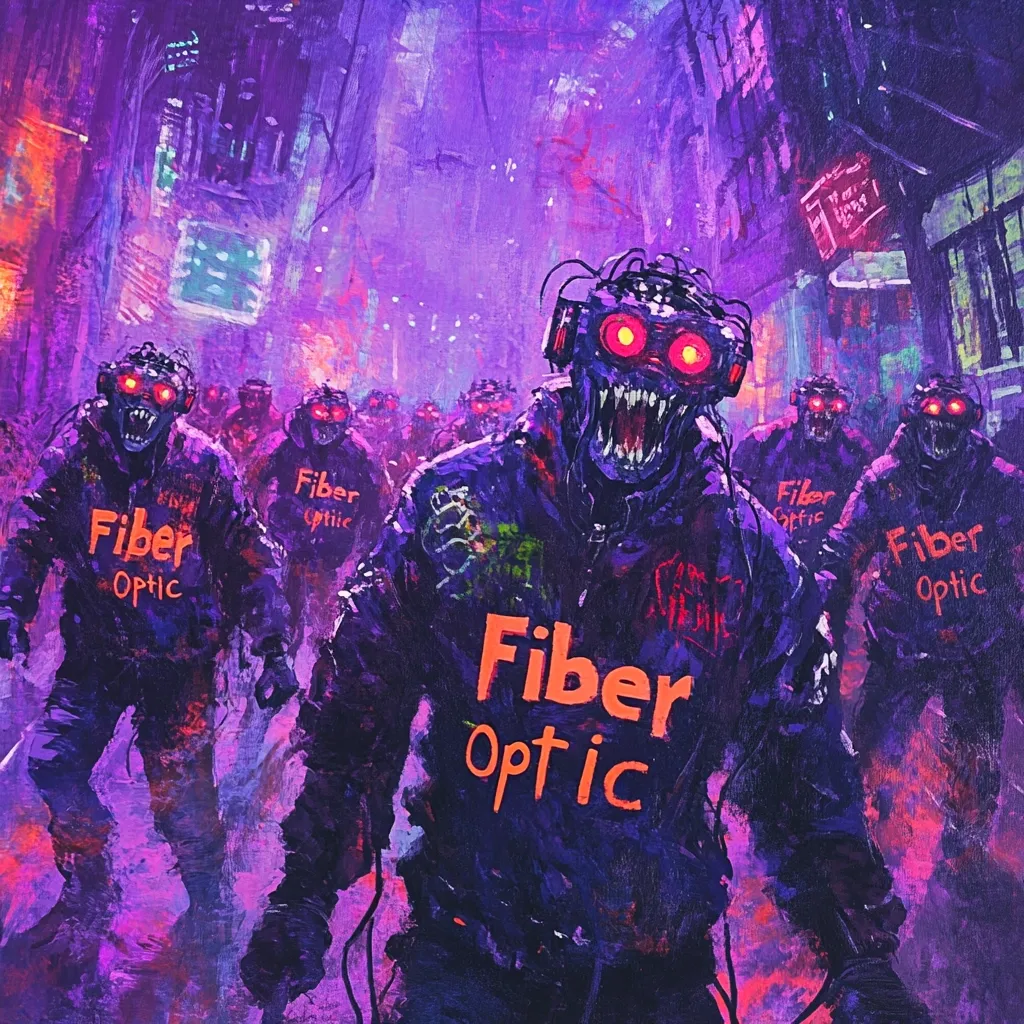 A vibrant, digital painting depicts a horde of monstrous figures marching through a neon-lit cyberpunk city.  The creatures have glowing red eyes and fanged mouths, wearing dark purple jackets emblazoned with "Fiber Optic." The overall aesthetic is a blend of horror and futuristic urban dystopia, with a strong emphasis on purple and orange hues. The style is painterly and expressive, with visible brushstrokes contributing to the chaotic energy of the scene.