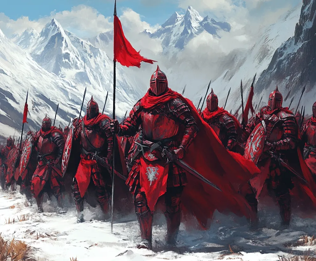 A digital painting depicts a formidable army of knights clad in crimson armor and cloaks, marching across a snow-covered landscape.  Towering snow-capped mountains form a dramatic backdrop.  The knights carry spears and large, round shields, and a red banner is prominently displayed. The overall style is fantasy, evoking a sense of power and impending conflict.  The color palette is dominated by reds and whites, creating a visually striking image.