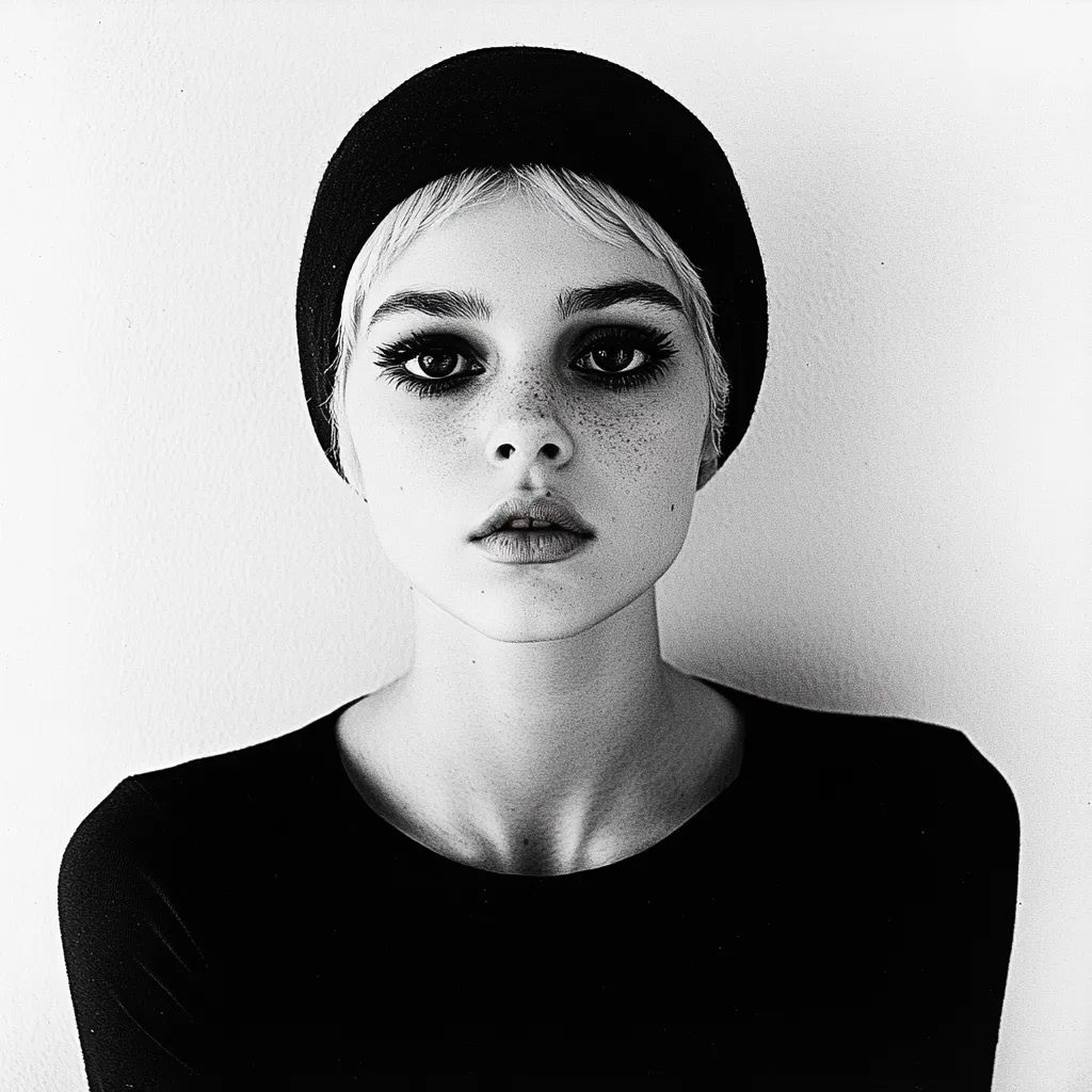 Here's a description of the image:

The black and white photograph features a young woman with a serious expression. She has short, blonde hair peeking out from under a dark beanie.  Her face is subtly freckled, and her makeup is noticeable, particularly her dark eyeliner. She is wearing a simple, dark-colored, long-sleeved shirt. The background is a plain, light-colored wall, drawing focus solely to the subject. The overall mood is one of quiet intensity and understated style. The image has a slightly grainy texture, suggestive of film photography.