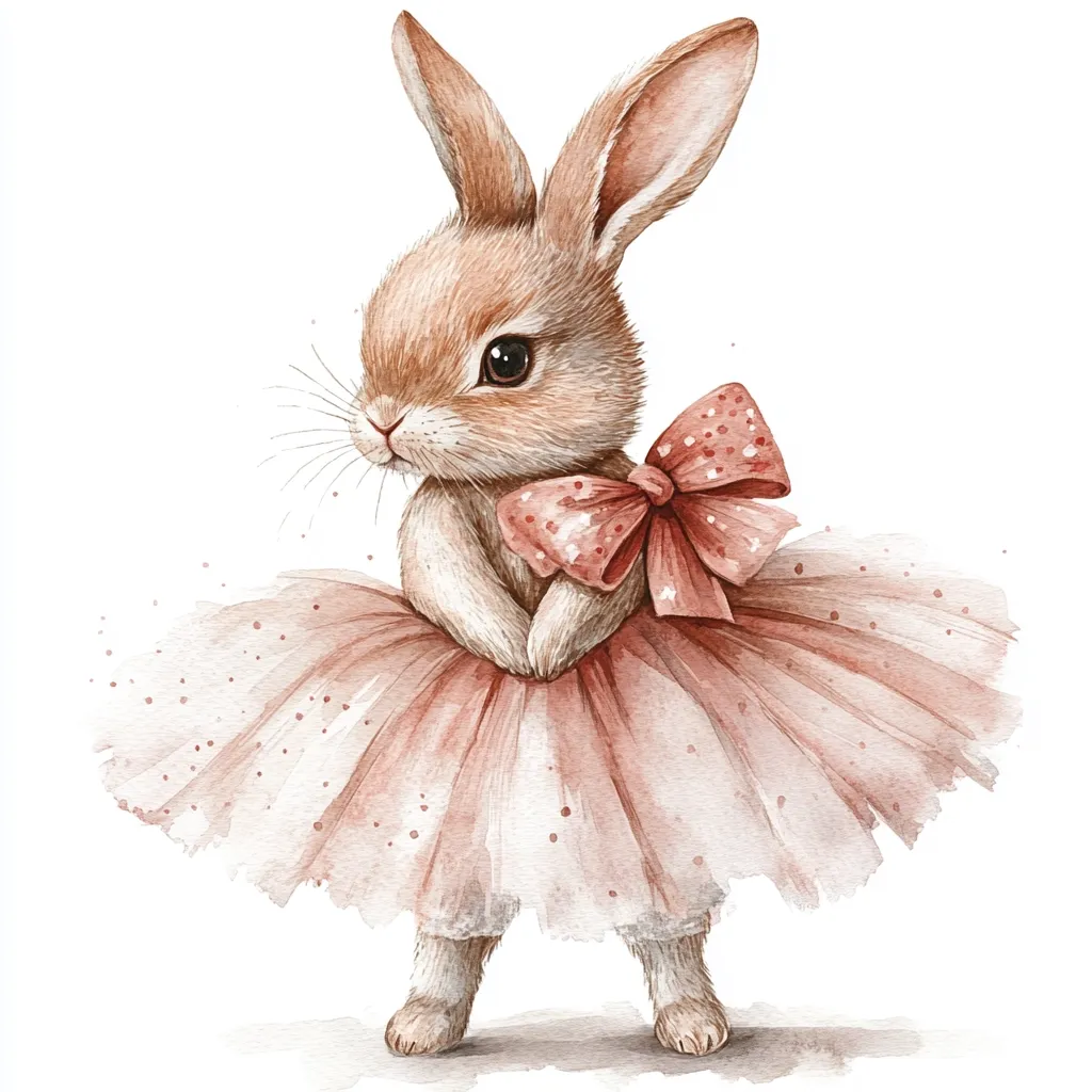 Here's a description of the image:

The watercolor painting depicts an adorable, light brown bunny rabbit dressed in a delicate blush-pink tutu.  The tutu is voluminous and slightly translucent, with subtle speckles of glitter. A matching pink bow with white polka dots adorns the rabbit's waist. The bunny's expression is sweet and innocent, its large eyes adding to its charming appeal. The overall style is soft and whimsical, ideal for children's art or décor. The background is clean white, focusing attention solely on the charming bunny.