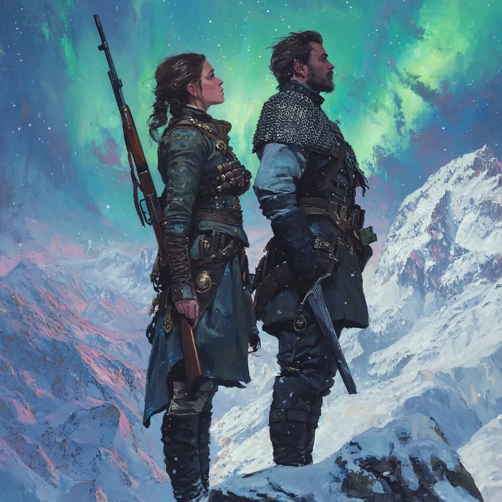 A stylized painting depicts a man and woman, clad in rugged, fantasy-inspired attire, standing silhouetted against a breathtaking snowy mountain range under an aurora borealis. The woman, holding a rifle, wears a teal-colored coat, while the man, with a chainmail vest and a dagger at his hip, gazes toward a vibrant, otherworldly sky.  Their attire suggests a blend of historical and futuristic elements. The overall mood is one of adventure and anticipation, set against a dramatic, awe-inspiring landscape.