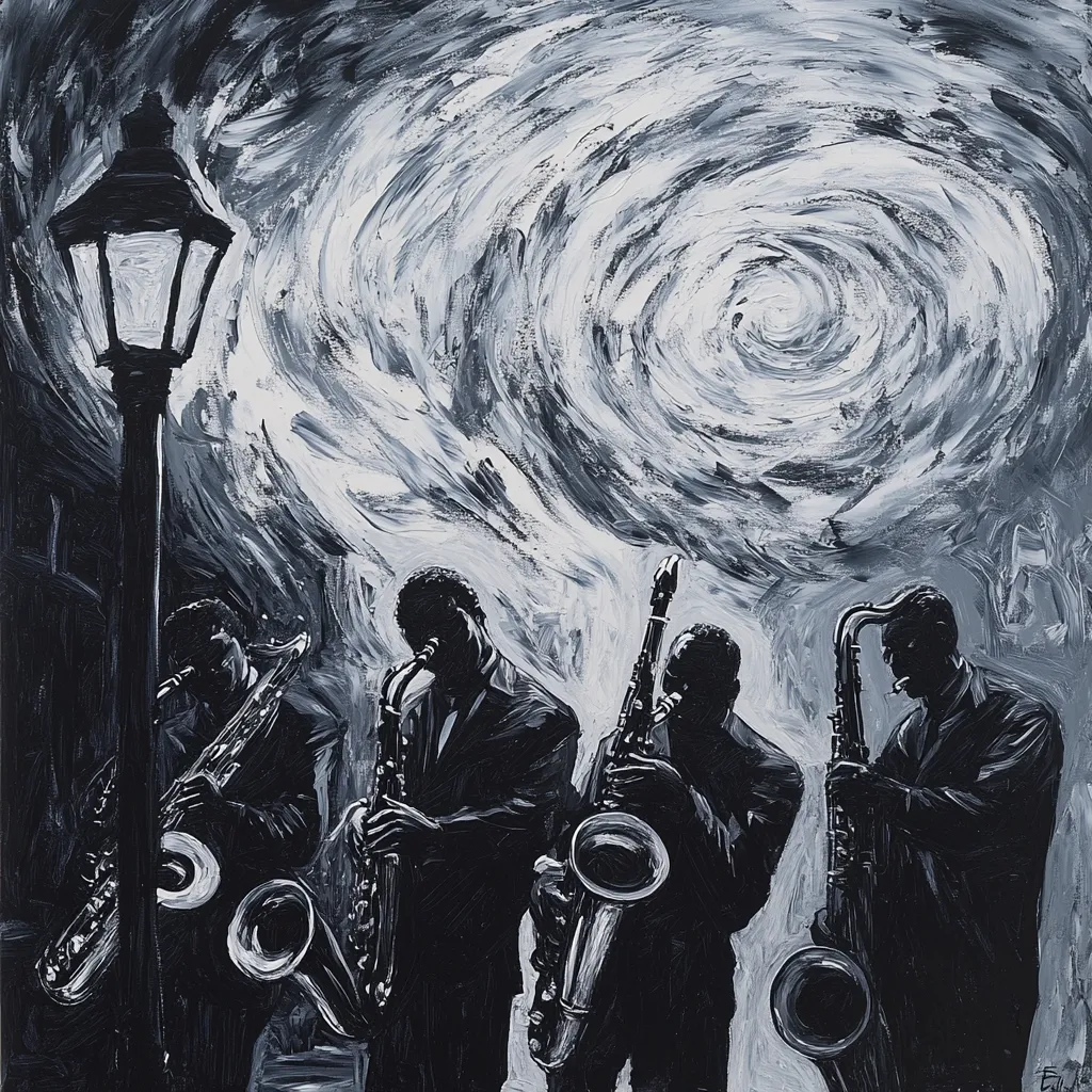 Here's a description of the image:

The monochromatic painting depicts three saxophonists silhouetted against a swirling, vortex-like background of white and gray.  Their dark figures are sharply defined, contrasting with the expressive, almost turbulent backdrop which suggests movement and energy. The saxophones are prominent, their curves mirroring the swirling design above. A lone lamppost stands to the left, casting an implied light onto the scene. The style is bold, using thick impasto brushstrokes to create texture and depth. The overall mood is dramatic and evocative of a nighttime jazz performance.