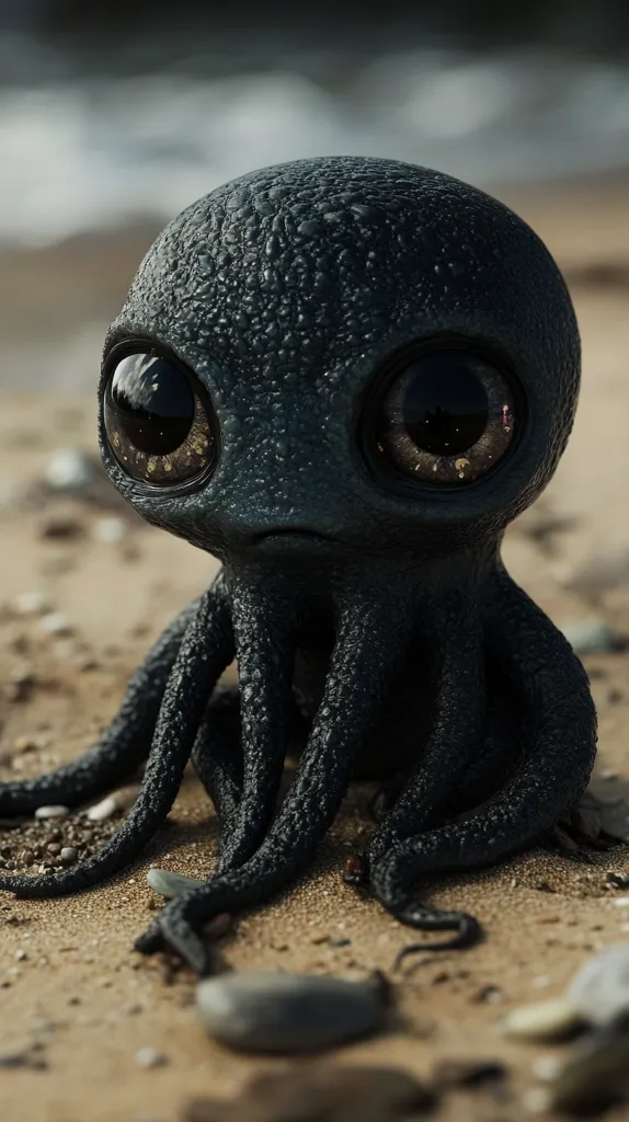 Here's a description of the image:

A 3D-rendered image showcases a cute, dark-grey octopus sitting on a sandy beach.  Its large, expressive eyes are a striking feature, conveying a sense of innocence.  The octopus's body is textured, appearing slightly damp, and its numerous arms are spread out on the sand, which is interspersed with small pebbles. The background is softly blurred, focusing attention on the adorable creature in the foreground. The overall mood is serene and slightly whimsical.