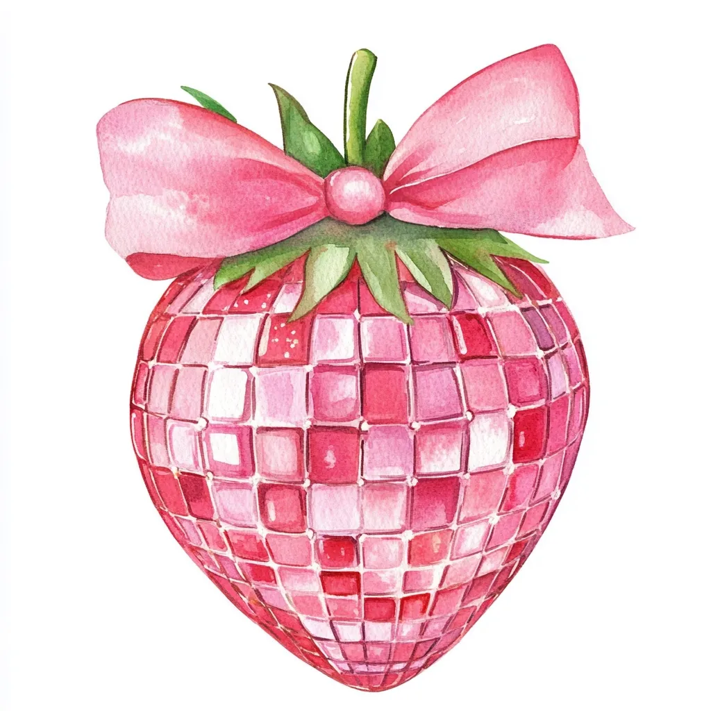Here's a description of the image:

The watercolor painting depicts a stylized strawberry, its surface resembling a disco ball composed of numerous small, square, pink and red facets.  A large, light pink ribbon is tied in a bow atop the green calyx. The overall effect is vibrant, playful, and slightly whimsical, suggesting a fun, festive, or celebratory theme. The strawberry's shape is clearly defined, and the colors are bright and saturated. The white background provides strong contrast, making the strawberry the focal point of the artwork.