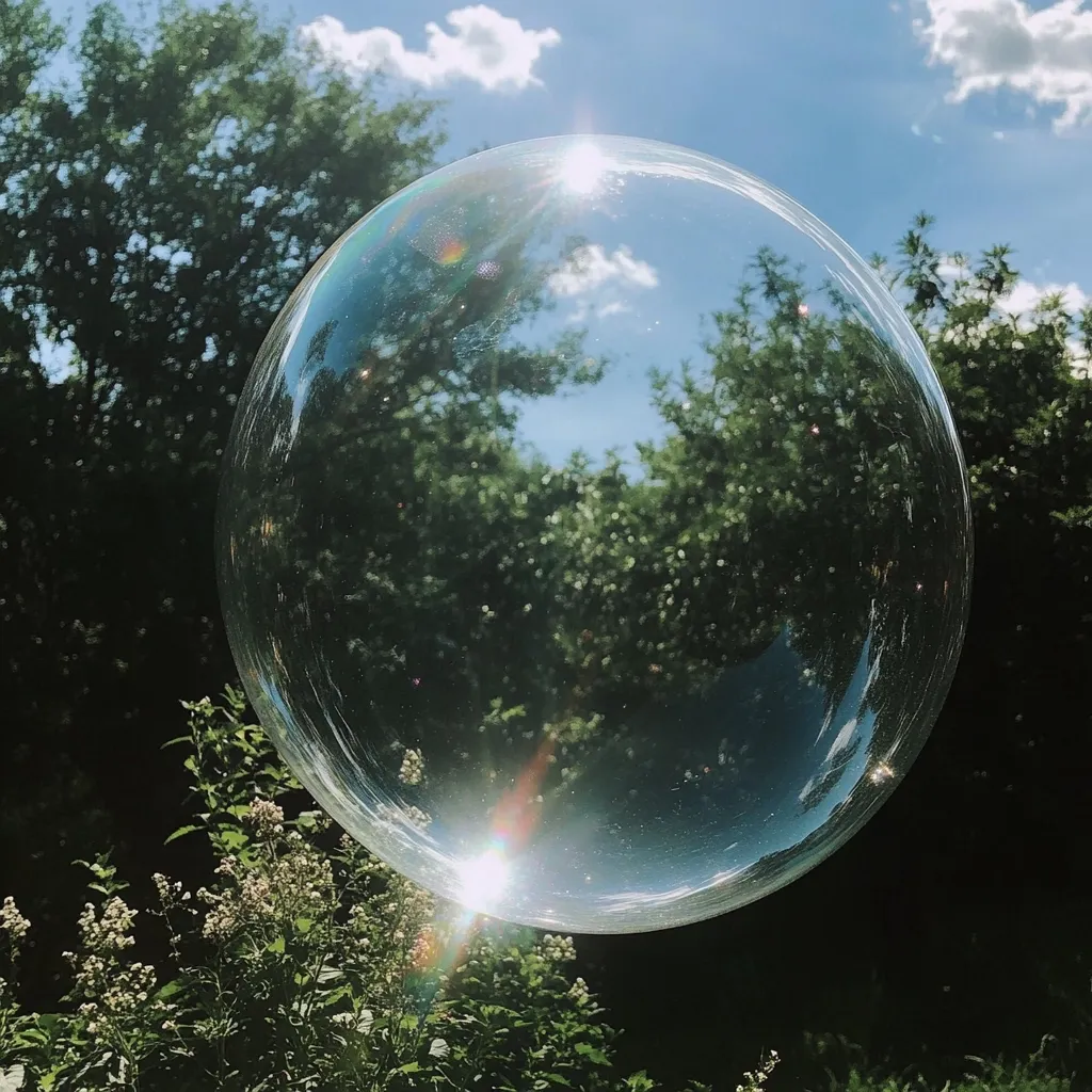 A large, transparent bubble floats in the air, reflecting a sun-drenched landscape.  The bubble's surface distorts the image of lush green trees and a partly cloudy blue sky. Sunlight refracts through the bubble, creating a visible rainbow effect.  The bubble is positioned against a backdrop of dense foliage, creating a serene and ethereal scene.
