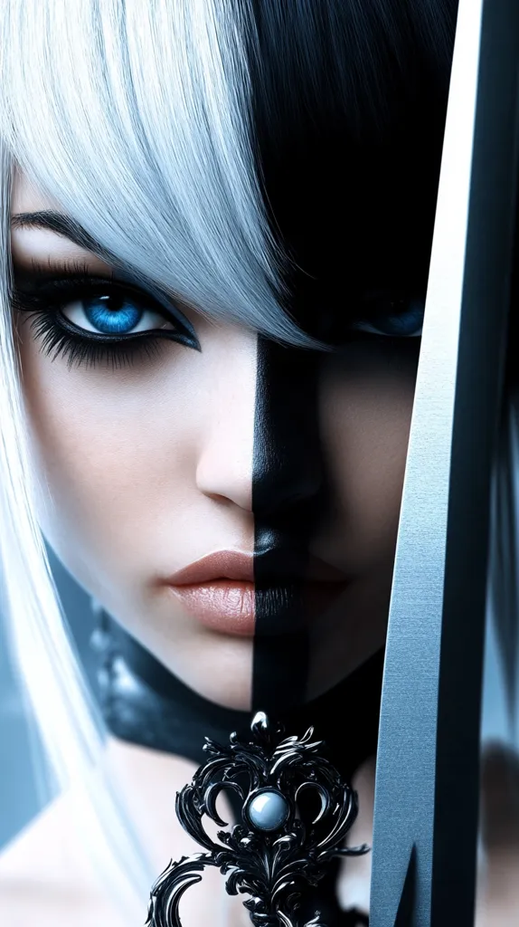 Here's a description of the image:

Close-up view of a stylized female face, digitally rendered.  Her hair is dramatically split into stark white and black sections, mirroring a black painted line dividing her face. She has striking blue eyes and full lips.  A dark, ornate jewel or pendant is visible near her neck, partially obscured by a large, metallic blade that runs along the right side of the frame. The overall aesthetic is dark, dramatic, and fantastical, suggestive of a warrior or mythical character.  The lighting emphasizes the contrast between light and shadow, enhancing the image's visual impact.