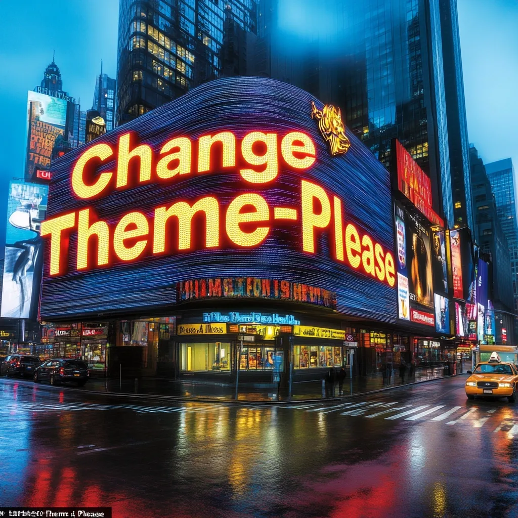 A vibrant nighttime shot of a Times Square building in New York City.  A large digital billboard dominates the scene, displaying the words "Change Theme-Please" in bright yellow lettering against a dynamic, multicolored background.  Surrounding the main billboard are numerous other advertising displays, creating a kaleidoscope of light and color.  Rain-slicked streets reflect the neon glow, and a yellow taxi adds a touch of everyday life to the spectacle. The overall impression is one of bustling energy and visual overload.