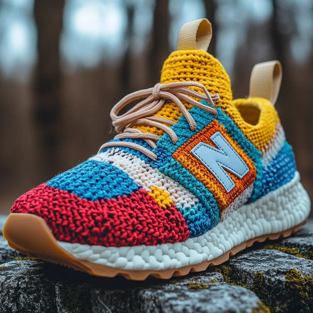 Close-up view of a brightly colored crocheted New Balance shoe. The sneaker features a vibrant mix of red, blue, yellow, and orange yarn, creating a textured, patchwork effect. The iconic New Balance "N" logo is visible in white, contrasting with the colorful upper. The shoe rests on a textured, off-white sole, and sits on a dark, mossy rock. The background is blurred, showing a natural, outdoor setting. The overall impression is one of handcrafted artistry and playful color.
