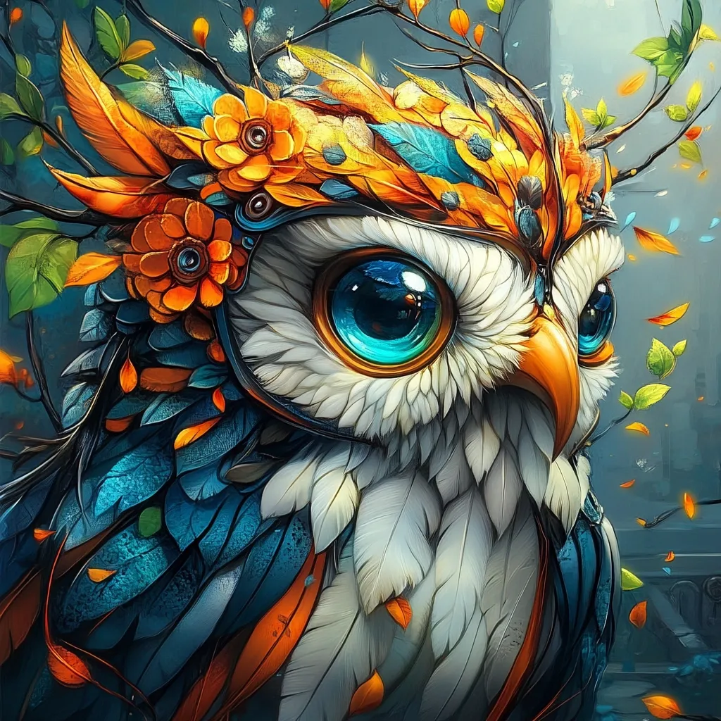 Here's a description of the image:

The artwork depicts a stylized owl, its plumage a vibrant mix of teal, white, and orange feathers.  A crown-like structure adorns its head, crafted from intricately detailed branches, leaves, and bright orange flowers. The owl's large, captivating blue eyes are accentuated by the contrasting colors.  Falling autumn leaves surround the owl, adding to the fantastical and autumnal atmosphere.  The style is digital painting, with a focus on detail and a whimsical, almost magical, quality.