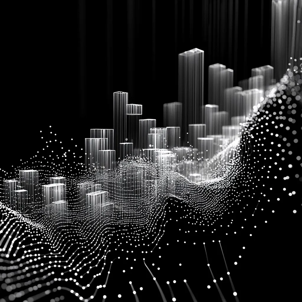 The image is an abstract representation of data visualized as a three-dimensional landscape.  White lines and points form a complex network resembling a city skyline, with skyscrapers of varying heights emerging from a wave-like terrain.  The overall effect is one of dynamic, interconnected data points, suggesting growth, movement, and perhaps technological advancement or financial trends. The dark background emphasizes the luminosity of the data structures.