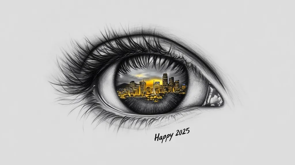 Here's a description of the image:

The artwork is a detailed pencil sketch of a human eye, rendered in grayscale with exceptional realism.  The pupil reflects a cityscape at sunset, depicted in warm gold and black tones, creating a striking contrast against the cool gray of the eye and surrounding skin.  Long, meticulously drawn eyelashes frame the eye. The words "Happy 2025" are lightly inscribed beneath the eye, suggesting a New Year's theme or a vision for the future. The overall effect is both beautiful and thought-provoking, blending realistic portraiture with surreal imagery.