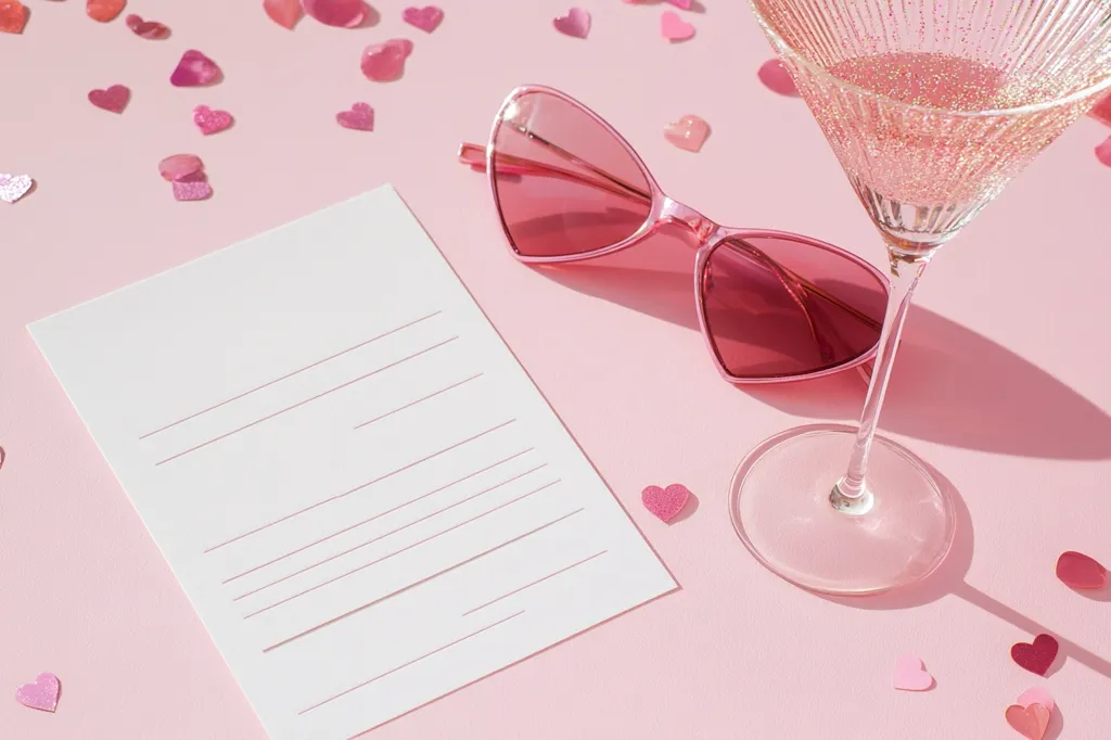 A pink and white Valentine's Day themed flatlay.  A blank white stationery note sits next to a pair of heart-shaped pink sunglasses. A martini glass filled with a pink, glittering liquid rests nearby.  Small pink glitter hearts are scattered across the pink background, creating a festive and romantic scene.  The overall aesthetic is chic and playful.