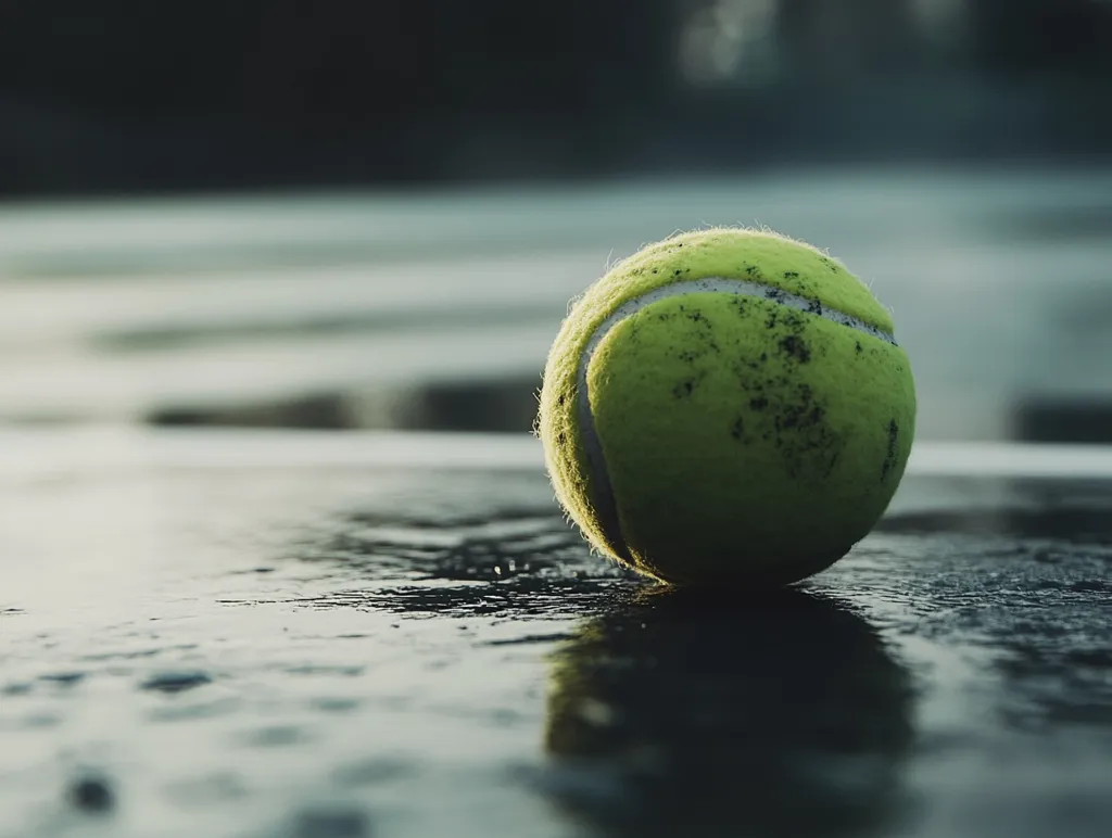 A well-worn, mud-splattered tennis ball rests on a dark, wet surface.  The ball is in sharp focus, contrasting with the blurred background suggesting an outdoor tennis court.  The wet surface reflects a dim light, creating a moody atmosphere.  The overall image evokes a sense of stillness and possibly the end of a game or practice session.