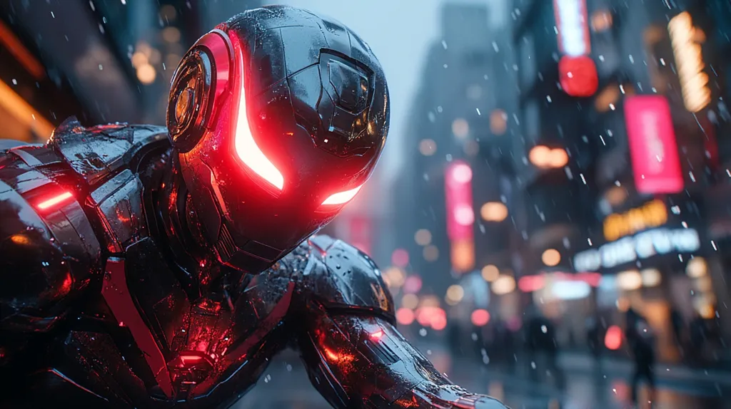 The image depicts a futuristic robotic figure, clad in sleek, dark armor with glowing red accents.  Rain falls on the robot, reflecting off its wet surface. The background is a blurred, vibrant cityscape at night, filled with neon lights and rain streaks. The robot's helmet is partially obscured, creating a sense of mystery and intrigue. The overall aesthetic is cyberpunk, combining elements of science fiction and urban environments.
