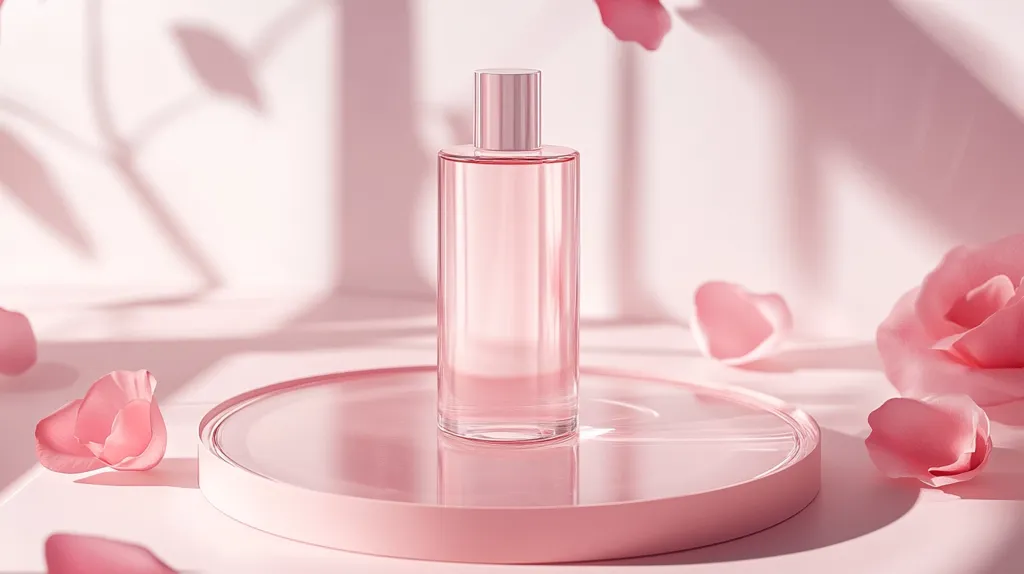 A cylindrical bottle of light pink perfume sits on a matching pink circular tray.  Rose petals are scattered around the base, adding to the feminine and elegant aesthetic.  Soft, natural light casts delicate shadows on the background, enhancing the overall delicate and luxurious mood of the image.  The scene evokes a sense of calm and sophistication.