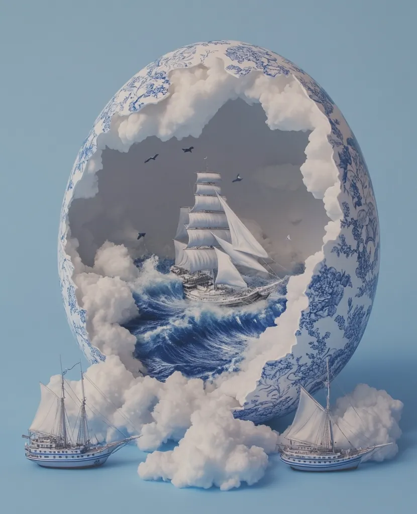 Here's a description of the image:

A large, cracked eggshell, decorated in a blue and white porcelain pattern, reveals a stormy sea within. A three-masted sailing ship navigates the turbulent waves, surrounded by fluffy white clouds. Two smaller, identical sailing ships rest on clouds outside the eggshell, mirroring the larger vessel.  Birds fly above the scene, set against a pale blue background, creating a surreal and dreamlike composition.  The overall feel is whimsical and artistic, blending elements of fantasy and realism.