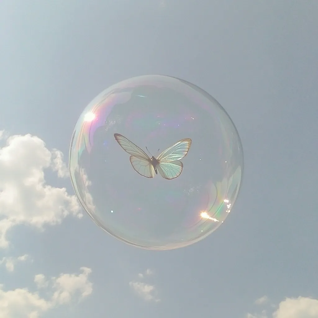 Here's a description of the image:

A large, iridescent soap bubble floats in a pale blue sky dotted with fluffy white clouds.  Inside the bubble, a delicate, translucent white butterfly with brown accents is gently suspended.  The bubble's surface displays rainbow-like reflections from the sun, enhancing its ethereal quality. The overall scene evokes a sense of serene beauty and fragility.