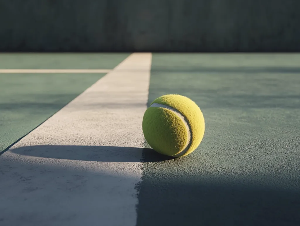 A single, fuzzy yellow tennis ball rests on a green tennis court, near a white line marking the court.  The ball casts a shadow, suggesting sunlight. The background is blurred, showing a dark green wall. The overall image evokes a feeling of stillness and quiet on a sunny day at a tennis facility.