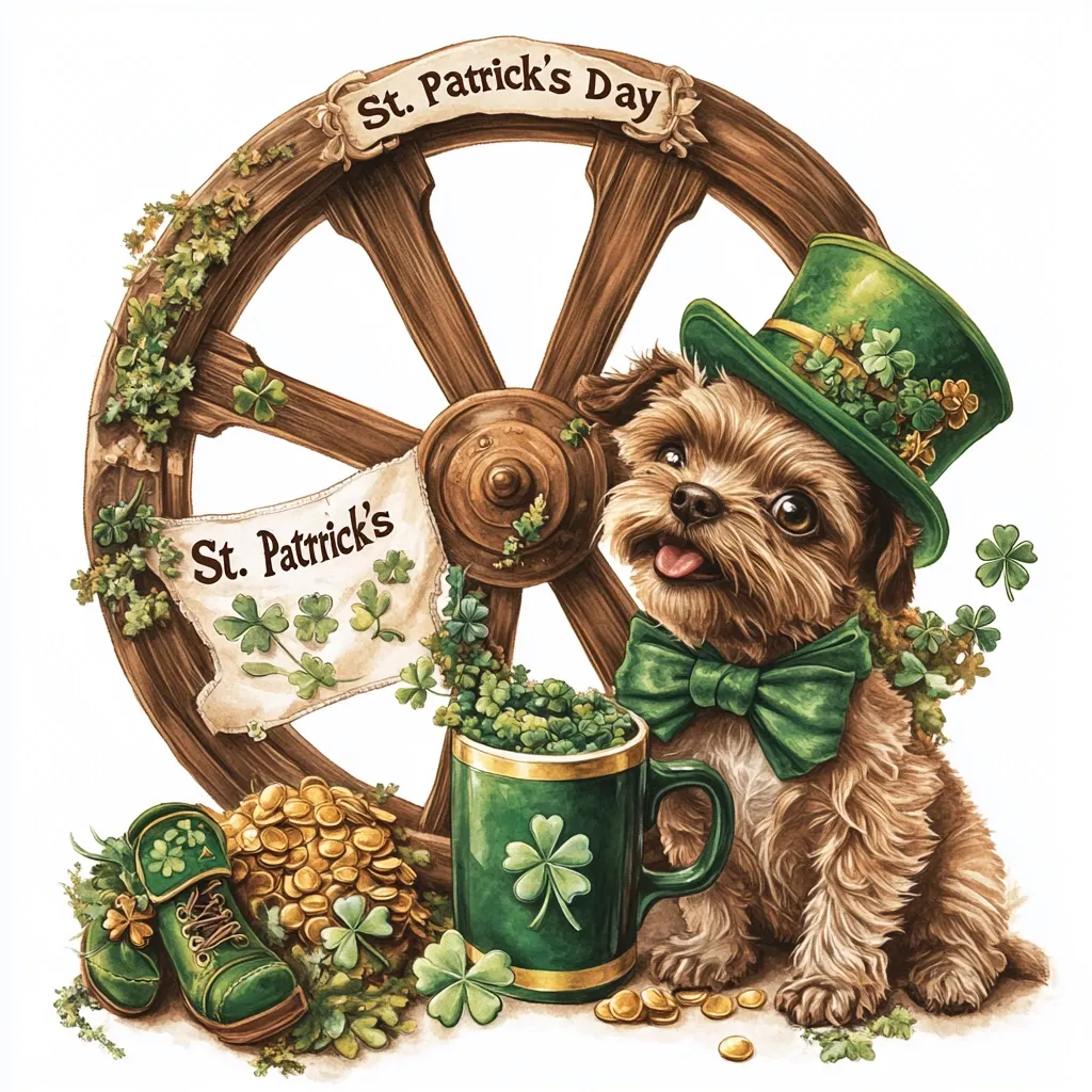 Here's a description of the image:

A charming illustration celebrates St. Patrick's Day with a fluffy brown dog as its centerpiece.  The dog, wearing a green top hat adorned with shamrocks and a matching bow tie, sits contentedly beside a green mug overflowing with shamrocks.  A wooden wheel, decorated with ivy and shamrocks, forms a backdrop, bearing the words "St. Patrick's Day". A banner with "St. Patrick's" hangs from the wheel.  Leprechaun-style boots and a pile of gold coins add to the festive atmosphere, creating a whimsical and celebratory scene.