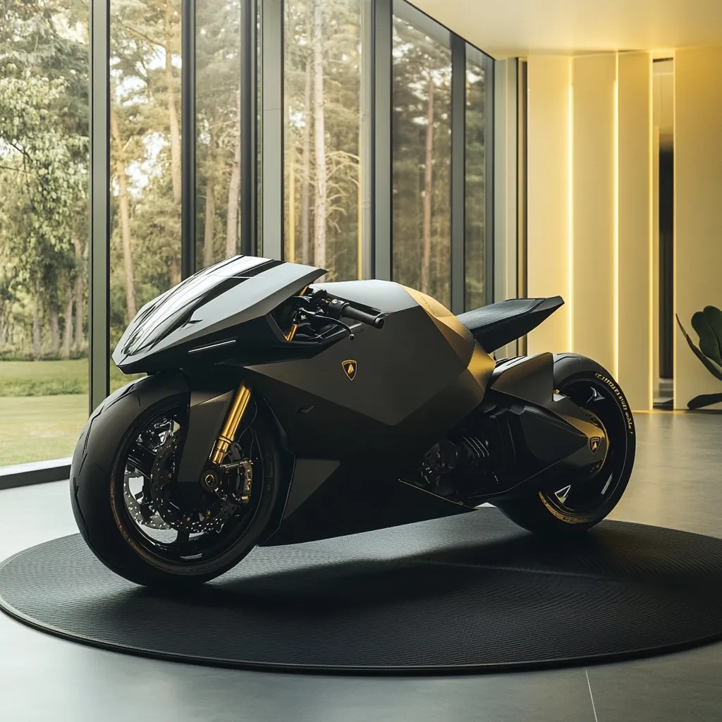 A sleek, matte-black Lamborghini motorcycle is showcased in a modern, minimalist interior.  Large windows offer a view of a verdant landscape beyond.  The bike's design is angular and futuristic, with gold accents subtly highlighting details.  It sits on a circular platform, adding to the feeling of luxury and exclusivity. The overall impression is one of high-end design and sophisticated engineering.