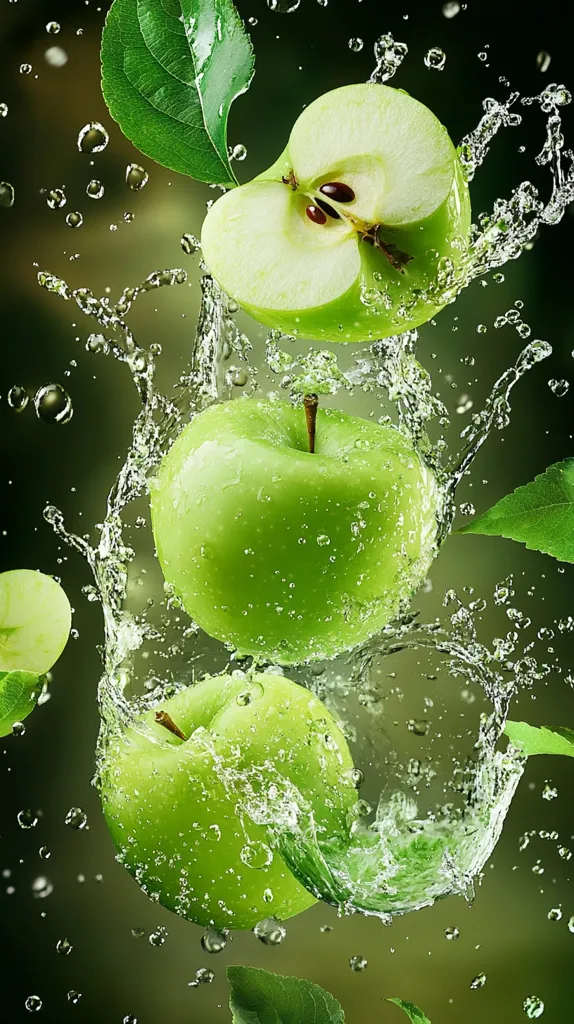 Here's a description of the image:

The image is a vibrant, close-up shot of three green apples amidst a dynamic splash of water. One apple is halved, showcasing its crisp interior and seeds.  The apples appear juicy and fresh, glistening with water droplets. Green leaves are scattered around, adding to the natural, refreshing aesthetic. The background is a blurred dark green, emphasizing the bright green of the apples and the clarity of the water. The overall effect is one of freshness and vitality.