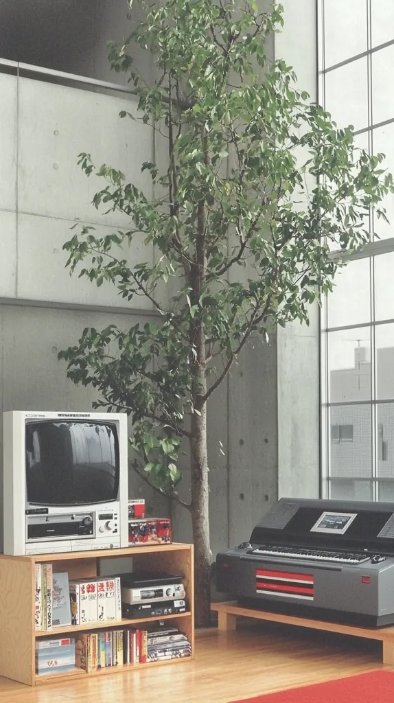 A minimalist interior features a light wood shelving unit holding a vintage television, VCR, and books.  Atop sits a collection of small boxes.  To the right, a sophisticated-looking keyboard rests on a simple wooden stand.  A small, leafy tree stands prominently between the entertainment center and a large window overlooking a city. The overall aesthetic is clean, modern, and somewhat retro. The room is brightly lit with a neutral color palette.