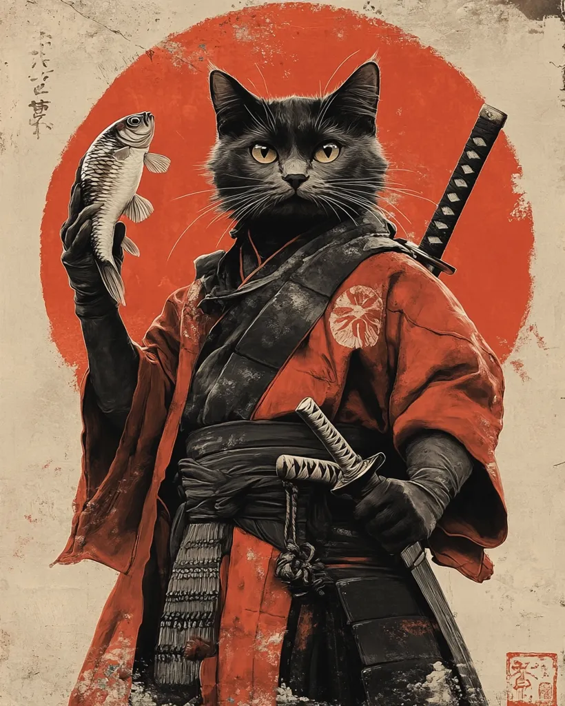 A striking illustration depicts a black cat dressed as a samurai.  The cat, with intense golden eyes, holds a fish in one hand and a katana (sword) in the other. It wears a vibrant red hakama (robe) over dark armor, its serious expression conveying a sense of strength and authority. A large red sun behind the cat enhances the dramatic, almost mythical, quality of the artwork.  Japanese kanji characters are subtly included, adding to the Eastern aesthetic. The style is a blend of realism and fantasy, creating a captivating image.
