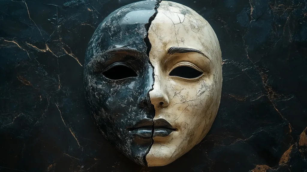 A theatrical mask, bisected down the middle, rests against a dark marble background.  One half is painted black, appearing aged and possibly distressed, while the other is off-white, showing signs of cracking and wear.  The mask's features are subtly expressive, suggesting both darkness and serenity. The contrast between the two halves creates a striking visual, hinting at duality or opposing forces. The dark background enhances the mask's dramatic presence.