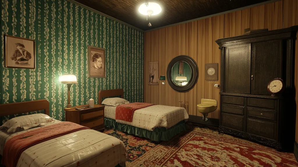 Here's a description of the image:

The image shows a vintage-style twin bedroom.  Green patterned wallpaper adorns one wall, contrasting with wood-paneled walls on the others. Two twin beds with ruffled bedding are neatly made.  A dark wooden armoire and dresser stand against the wood paneling.  A small, round mirror hangs above a tiny, pedestal sink.  Framed pictures and a table lamp add to the room's nostalgic atmosphere. The floor is covered with a richly colored area rug.  The overall lighting is soft and warm, creating a calm and slightly melancholic mood.