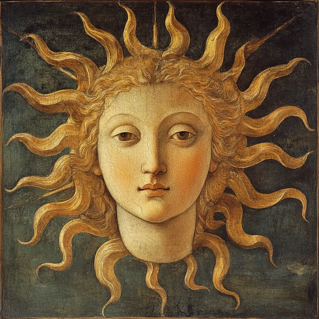 The painting depicts a stylized representation of the sun as a serene, androgynous face, framed by golden rays that extend outward.  The face is pale with subtle blush, featuring calm eyes and a gentle expression. The gold rays are meticulously detailed, curving organically against a dark teal backdrop, creating a powerful yet peaceful image.  The painting style suggests a Renaissance aesthetic, with its focus on realism and careful rendering of detail. The overall effect is one of classical beauty and quiet strength.
