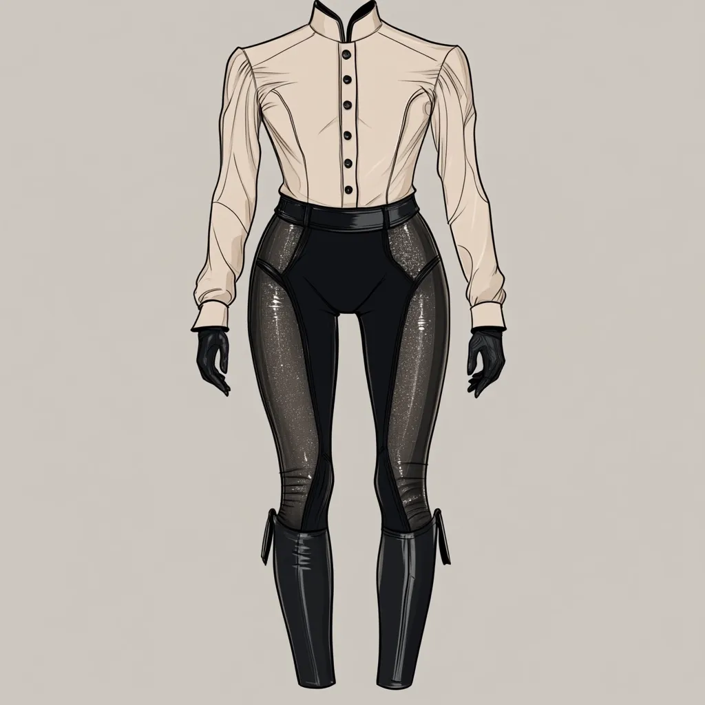 Here's a description of the image:

The illustration showcases a full-body female outfit.  A cream-colored, long-sleeved blouse with a high collar and button-down front is paired with black, form-fitting pants featuring a shiny, possibly patent leather, texture and subtle glittering detail along the sides.  The pants extend into tall, black boots. Black gloves complete the ensemble. The style suggests a blend of Victorian-era influences with modern, sleek elements. The overall aesthetic is elegant yet subtly edgy.