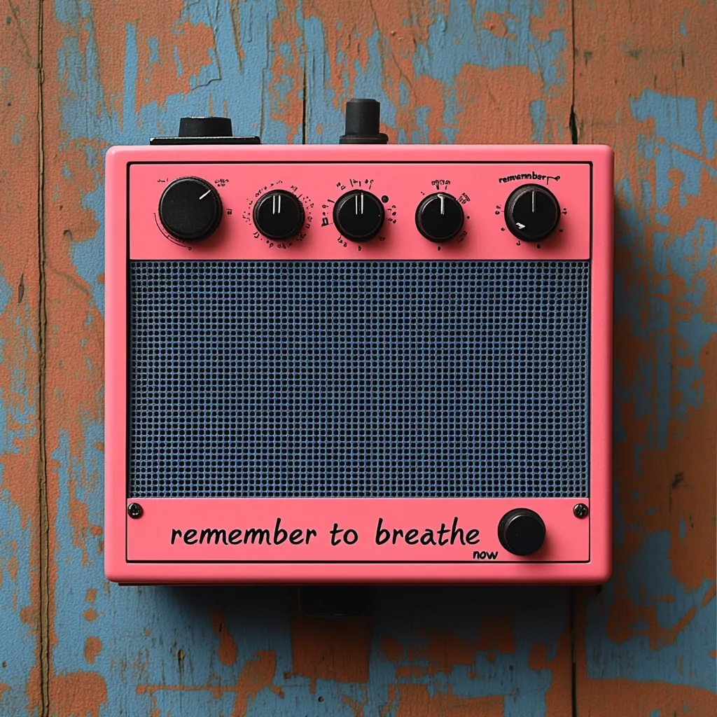 Here's a description of the image:

A vibrant pink guitar amplifier, compact in size, is mounted against a rustic, blue-tinged wooden backdrop.  The amplifier features a dark gray speaker grille and several black knobs for tone and volume adjustments.  The words "remember to breathe now" are subtly printed on the bottom of the amp's face. The overall aesthetic is retro and playful, suggesting a balance between musical function and a mindful message. The weathered wood background provides a contrasting texture to the smooth, almost plastic-like appearance of the amplifier.