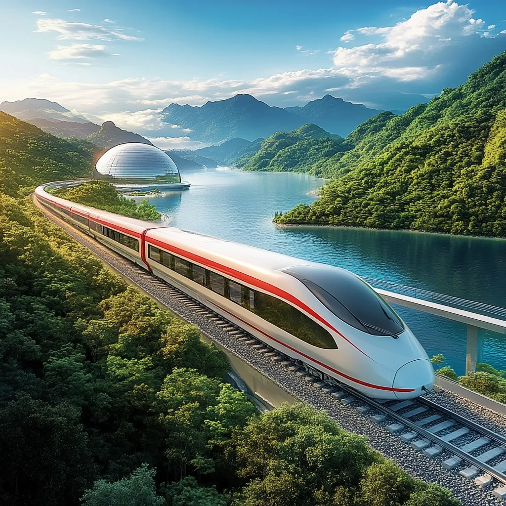 A high-speed train, predominantly white with red accents, traverses a scenic route nestled between lush green mountains and a tranquil lake.  The train follows a winding track, curving gently around verdant hillsides.  In the distance, a futuristic, domed structure is visible near the water's edge, adding to the overall sense of technological advancement and natural beauty. The scene is bathed in bright sunlight, suggesting a peaceful and idyllic setting.