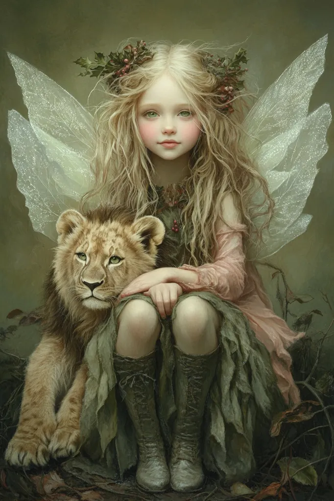 A young fairy girl with long blonde hair, adorned with a floral crown, sits serenely.  She wears a flowing, earthy-toned dress and tall boots. Delicate, translucent wings extend from her back.  A small lion cub rests peacefully beside her, nestled against her side. The overall mood is mystical and enchanting, set against a soft, muted green background. The artwork is highly detailed, with a focus on realistic textures and soft lighting.