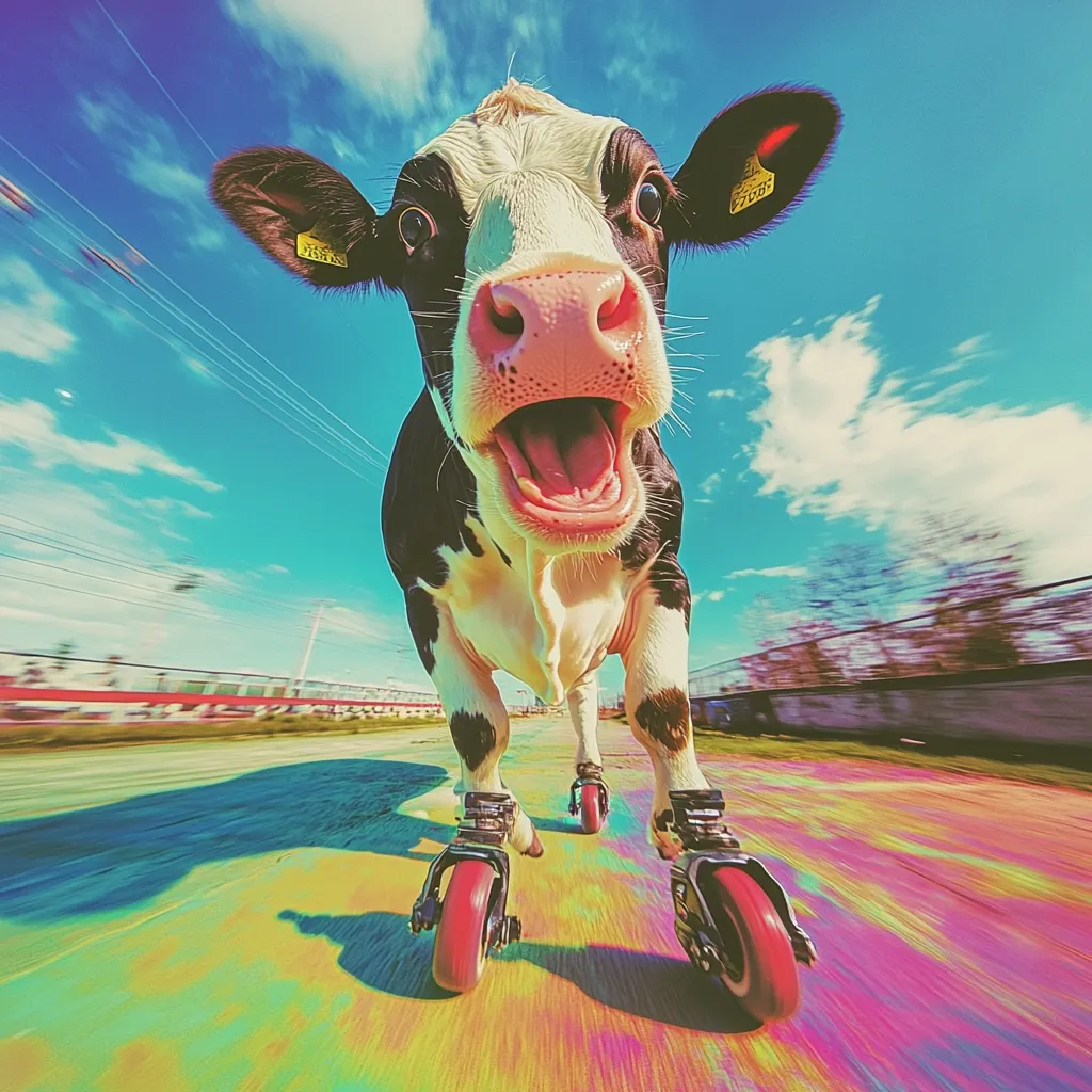 Here's a description of the image:

A close-up, slightly low-angle shot captures a Holstein calf rollerblading down a vibrant, multicolored road. The calf's expression is one of joyful surprise, its mouth wide open in a moo-like expression. The background is a blurred depiction of a sunny day with blue skies and some distant buildings, emphasizing the calf's speed. The overall effect is a whimsical and surreal image combining the unexpected with bright, energetic colors. The calf's rollerblades are prominent, and yellow ear tags are visible.