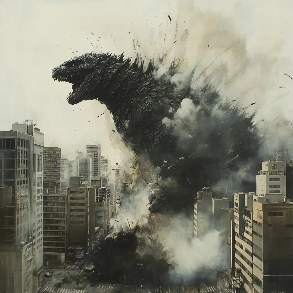 A dramatic painting depicts Godzilla, a massive, dark gray monster, amidst a cityscape.  The creature's head and upper body are visible, emerging from a cloud of grey dust and debris suggesting a powerful explosion or impact.  Tall city buildings are scattered around the monster, implying significant destruction. The overall mood is dark and intense, emphasizing the scale and power of the fictional beast. The style is somewhat realistic, capturing a sense of chaos and destruction.